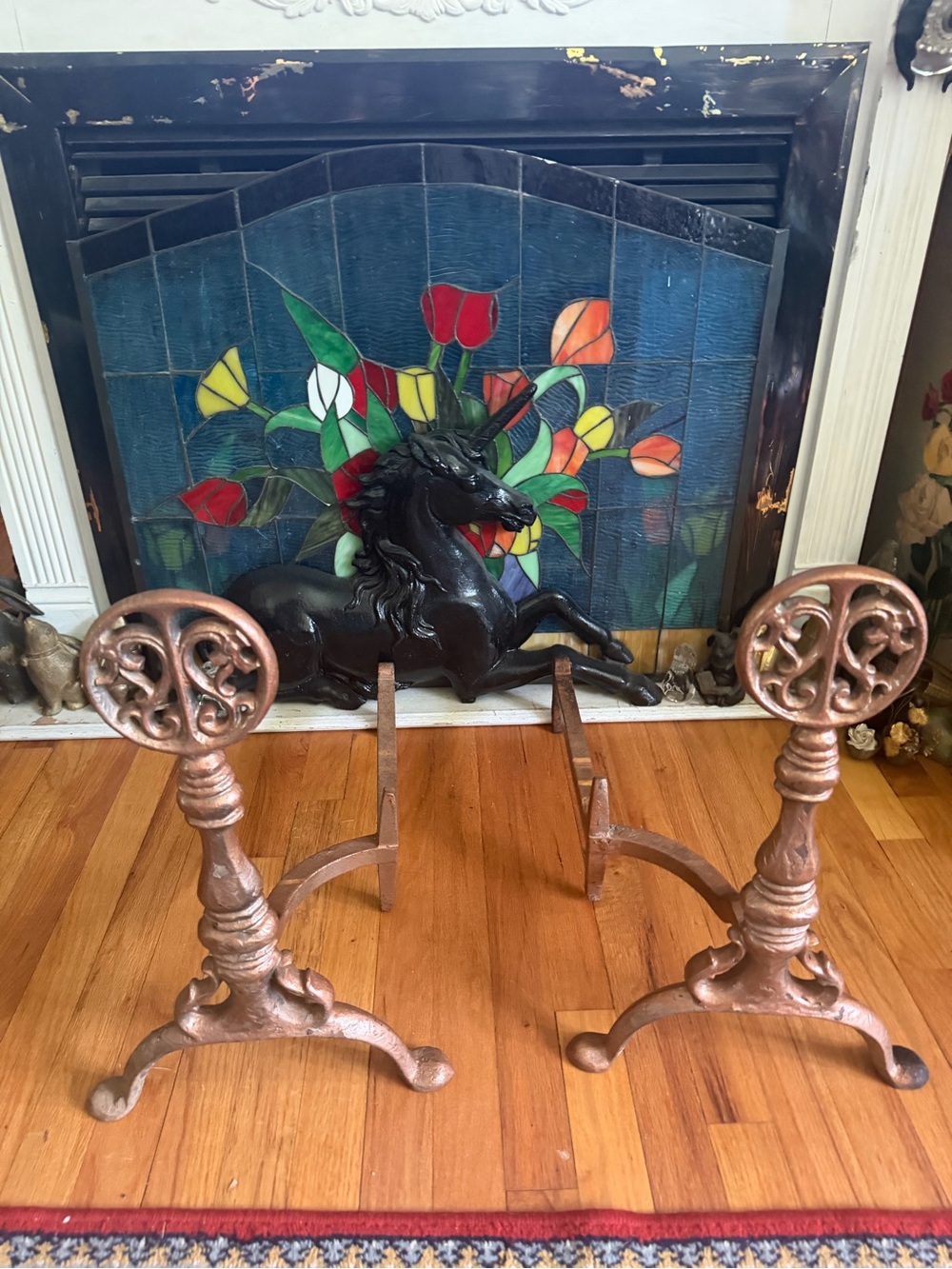 Antique Cast Iron Andirons Dragon Medallion Finials Turned Balusters & Feet